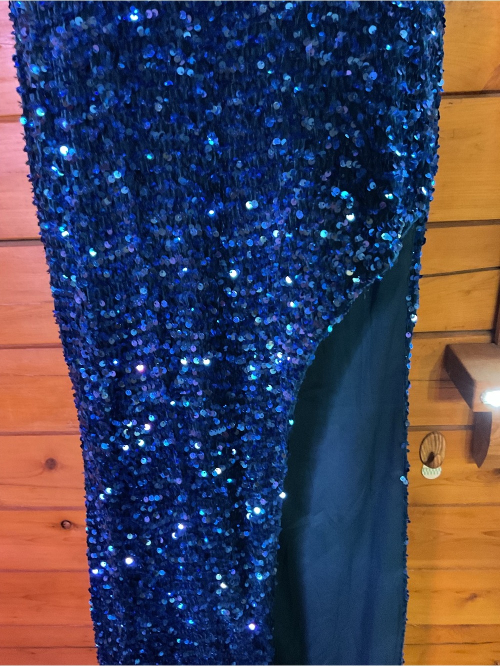 One-Shoulder Navy Sequin Evening Gown w/ slit hem and Open Back - Picture 11 of 14